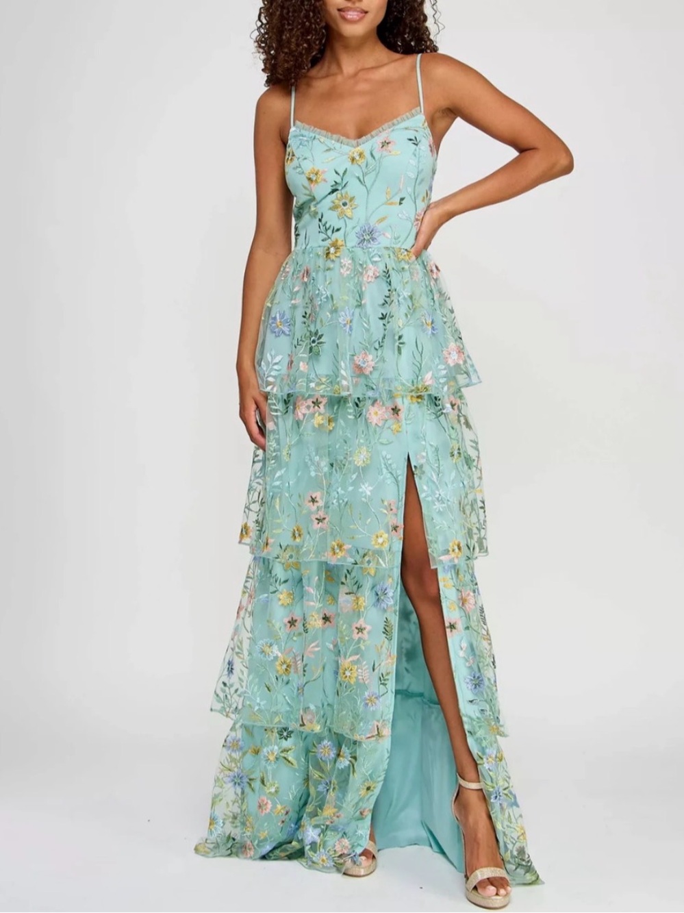 City Studios Mint Floral Tiered Maxi Dress with Front Slit